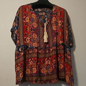Sason Curve Floral Blouse Blue & Red Size 3XL